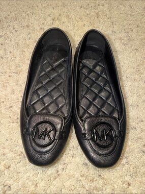 Michael Kors Black Quilted Insole MK Logo Leather Flats